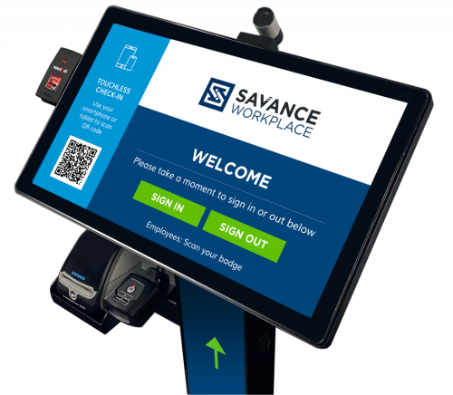 Savance Workplace Visitor Management Attended Workstation for signing in and out visitors in a browser interface. On-Premise Hosted.